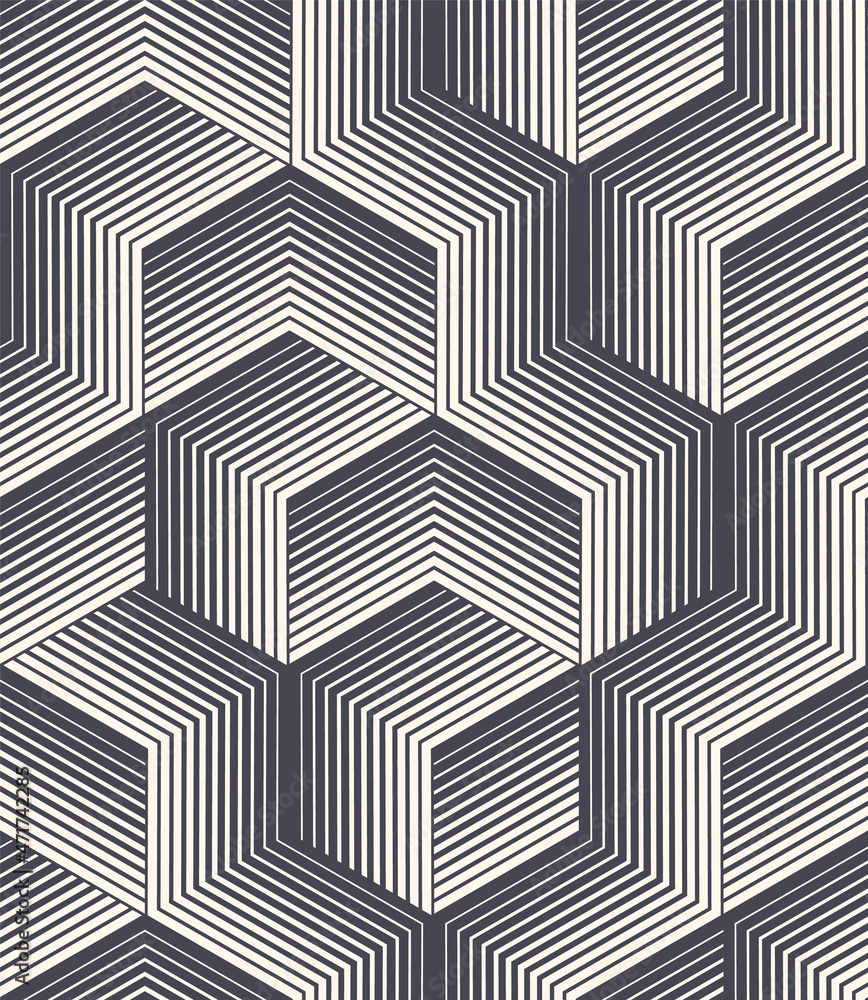 Poster striped cube shapes vector seamless pattern geometric graphic abstract background. linear isometric 