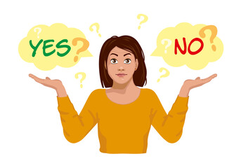 Vector illustration of a cute girl thinking yes and no. Concept of choice, option, selection, answer, reply, accept or refuse.