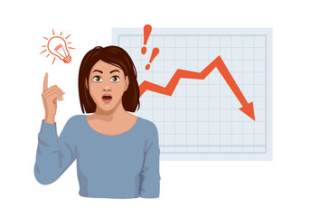 The concept of overcoming the financial crisis. girl next to the falling diagram. Loss of income and a new business idea. vector. Descending graph.
