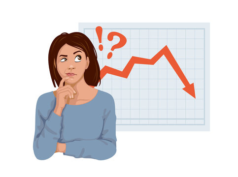 Financial crisis concept. Crash problem. cute lady touch chin, thinking next to a falling diagram, solving problems, Capital is lost. Vector flat design.