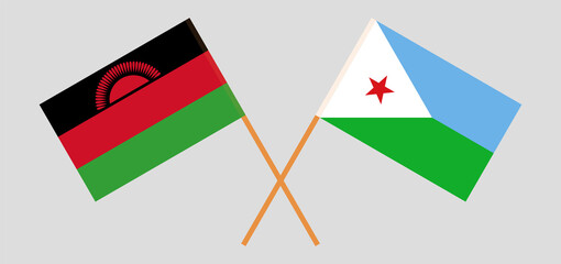 Crossed flags of Malawi and Djibouti. Official colors. Correct proportion