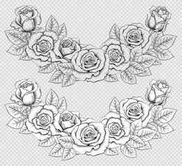 Semicircular Composition of Vintage Hand-Drawn Roses. Black and White and Contoured Engraved Illustration in Retro Style. Vector Image Isolated on the Imitation of Transparent  Background