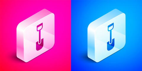 Isometric Shovel toy icon isolated on pink and blue background. Silver square button. Vector