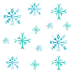 Fototapeta na wymiar watercolor seamless pattern with blue snowflakes. Snowfall, winter, Christmas, New Year. For decoration,design. For printing on paper, textiles. Isolated elements on white background.
