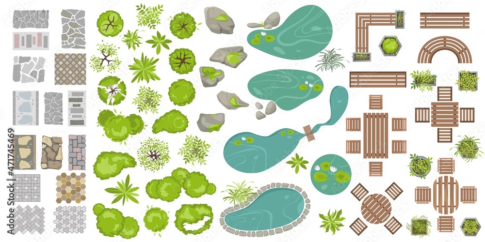 Wall mural collection of architectural elements for landscape design top view. vector objects for projects, pla