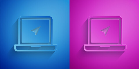 Paper cut Laptop with location marker icon isolated on blue and purple background. Paper art style. Vector