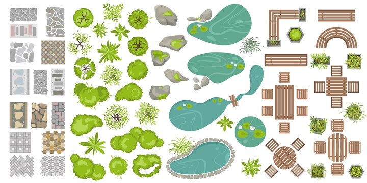 Collection of Architectural elements for landscape design top view. Vector Objects for projects, plans, map. Park elements. outdoor wooden furniture, table, bench, plants, trees, tile in flat style
