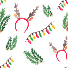 Fototapeta na wymiar watercolor seamless pattern with deer antlers, festive garland and fir branch in christmas style. New year, christmas, winter holidays. Image for decoration and design, printing on paper, textile.