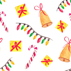 watercolor seamless pattern with holiday garland, lollipop, gift box and bell in christmas style. New year, christmas, winter holidays. Image for decoration and design, printing on paper, textile.