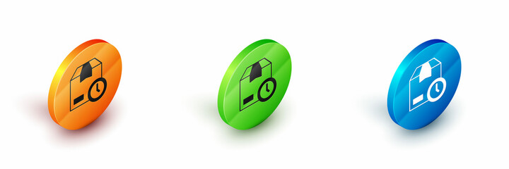 Isometric Carton cardboard box and fast time delivery icon isolated on white background. Box, package, parcel sign. Delivery and packaging. Circle button. Vector