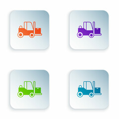 Color Forklift truck icon isolated on white background. Fork loader and cardboard box. Cargo delivery, shipping, transportation. Set colorful icons in square buttons. Vector