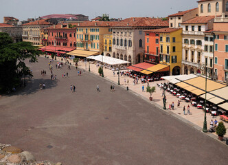 Fototapeta na wymiar View From The Roman Arena To The Piazza Bra In Verona Italy On A Beautiful Spring Day With A Blue Sky And A Few Clouds