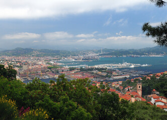 Aerial View To The Harbor Of La Spezia Italy On A Beautiful Spring Day With A Blue Sky And A Few Clouds