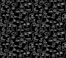Seamless pattern with a man drawn in one line in an elegant minimalist style. Abstract face of woman and man. Contour silhouette of persons. Vector illustration background design.