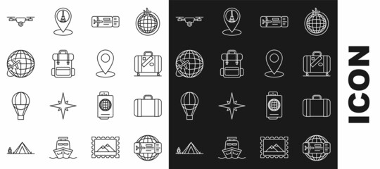 Set line Airline ticket, Suitcase for travel, and stickers, Hiking backpack, Globe with flying plane, Drone action video camera and Map pin icon. Vector