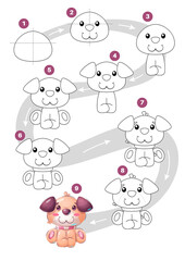 Drawing cartoon character domestic dog, step by step tutorial.