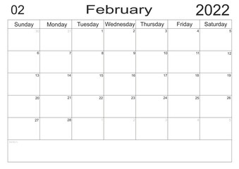 Planner February 2022. Empty cells of planner. Monthly organizer. Calendar 2022