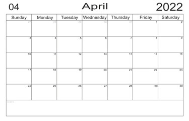 Planner April 2022. Empty cells of planner. Monthly organizer. Calendar 2022