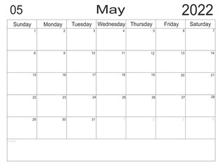 Planner May 2022. Empty cells of planner. Monthly organizer. Calendar 2022