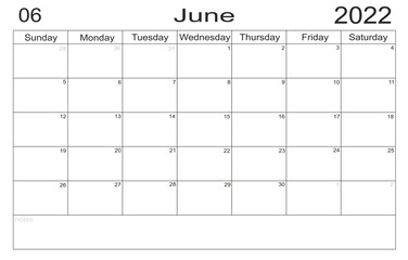 Planner June 2022. Empty cells of planner. Monthly organizer. Calendar 2022