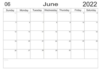 Planner June 2022. Empty cells of planner. Monthly organizer. Calendar 2022