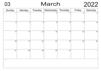 Planner March 2022. Empty cells of planner. Monthly organizer. Calendar 2022