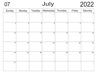 Planner July 2022. Empty cells of planner. Monthly organizer. Calendar 2022