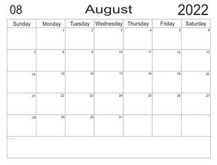 Planner August 2022. Empty cells of planner. Monthly organizer. Calendar 2022
