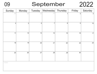 Planner September 2022. Empty cells of planner. Monthly organizer. Calendar 2022 - obrazy, fototapety, plakaty