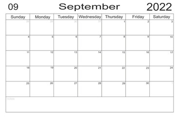 Planner September 2022. Empty cells of planner. Monthly organizer. Calendar 2022