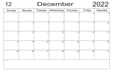 Planner December 2022. Empty cells of planner. Monthly organizer. Calendar 2022