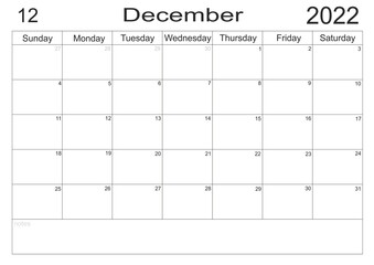 Planner December 2022. Empty cells of planner. Monthly organizer. Calendar 2022
