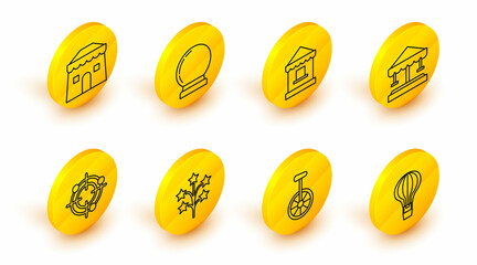 Set line Hot air balloon, Unicycle or one wheel bicycle, Fireworks, Target sport for shooting competition, Attraction carousel, Ticket box office, Magic and Circus tent icon. Vector © Oksana