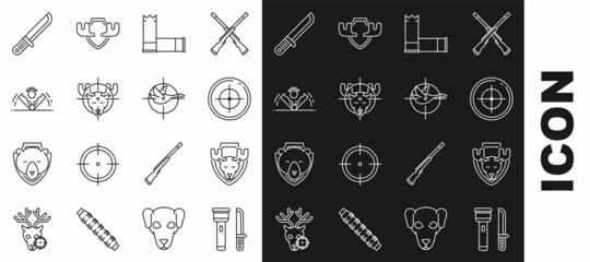 Set line Flashlight and knife, Moose head on shield, Target sport for shooting competition, Cartridges, Hunt moose with crosshairs, Trap hunting, Hunter and duck icon. Vector