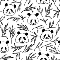 Panda pattern in black and white with bamboo leaves background print design. Botanical vector illustration. Fun and cute seamless repeat surface design for kids , animal lovers and home decor