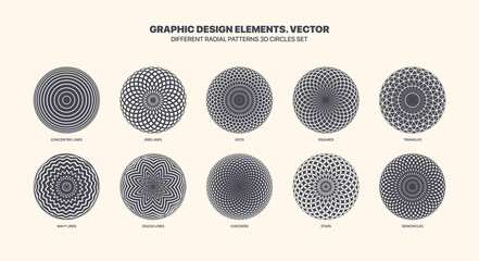 Assorted Various Circles With Radial Fractal Pattern Vector Set With Different Geometric Textures Isolated On White Background. Collection Of Concentric Variety Patterns. Variations Of Design Elements