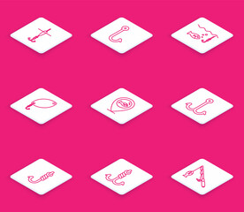 Set line Fishing hook and float, under water with fish, spoon, Location fishing, and icon. Vector