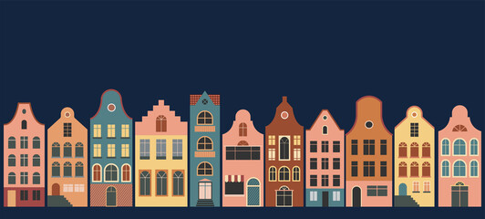 Netherlands Houses, Amsterdam traditional colorful homes, architecture illustrations