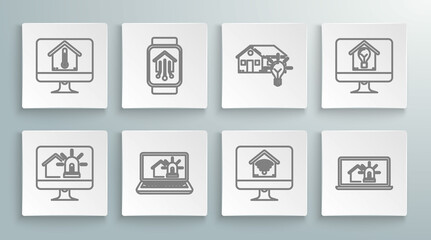 Set line Computer monitor with smart house and alarm, Smart home watch, Laptop, wi-fi, light bulb, and temperature icon. Vector