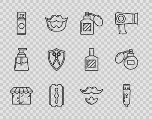 Set line Barbershop building, Electrical hair clipper or shaver, Aftershave, Blade razor, Shaving gel foam, Scissors hairdresser and shield, Mustache beard and icon. Vector