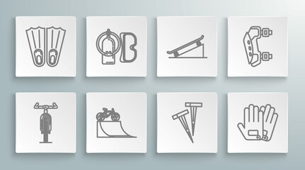 Set line Bicycle, Diving mask and aqualung, on street ramp, Pegs for tents, Gloves, Skateboard, Knee pads and Rubber flippers swimming icon. Vector © Oksana