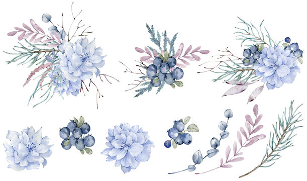 Watercolor Winter Bouquets With Blue Flowers, Berries And Pine Branches. Christmas Decoration Clipart. New Year's Cards.