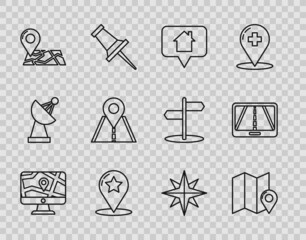 Set line Monitor and folded map with location, Folded marker, Map pointer house, star, Road traffic sign, Wind rose and Infographic of city navigation icon. Vector