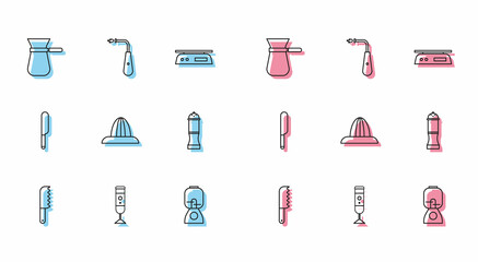 Set line Bread knife, Blender, Coffee turk, Citrus fruit juicer, Pepper, Knife and Long electric lighter icon. Vector