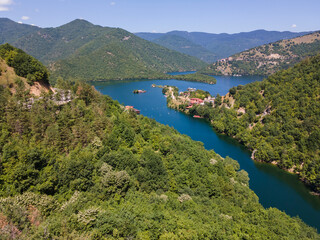 Fototapeta na wymiar Aerial view of The Vacha (Antonivanovtsi) Reservoir, Bulgaria