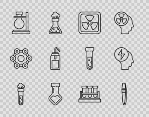 Set line Test tube and flask chemical, Tweezers, Radioactive, on stand, Laboratory wash bottle, and Head electric symbol icon. Vector