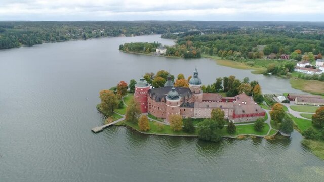 50fps Aerial view autumn season at the beautiful Swedish 16 th century Gripsholm castle nearby town Mariefred