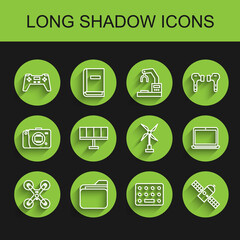 Set line Drone flying, Document folder, Gamepad, Pills blister pack, Satellite, Solar energy panel, Laptop and Wind turbine icon. Vector
