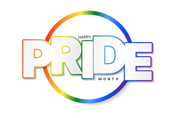 Pride month rainbow colors round  sticker on white background. LGBT, sexual minorities, gays and lesbians holiday. Banner, poster, placard designer. Vector illustration