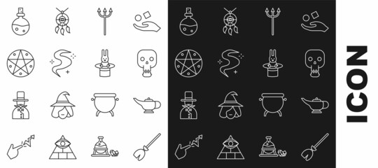 Set line Witches broom, Magic lamp or Aladdin, Skull, Neptune Trident, fog smoke, Pentagram circle, Bottle with love potion and Magician hat and rabbit icon. Vector